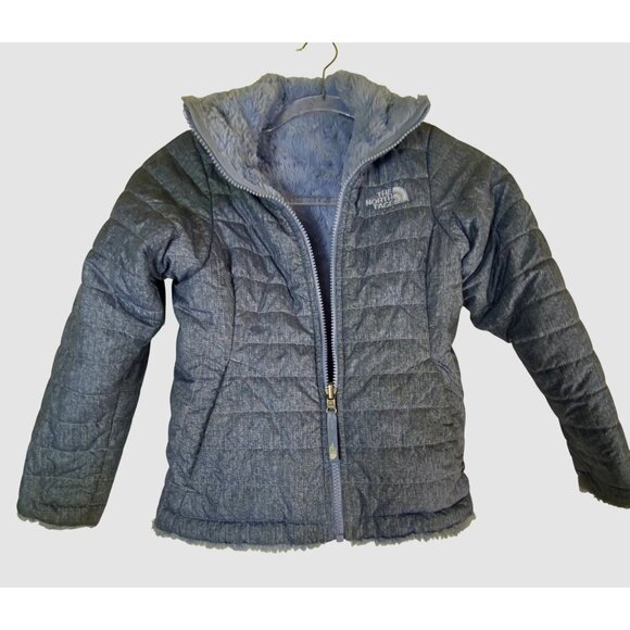 The North Face Girls Reversible Mossbud Zip Winter Jacket Blue Fleece Size Small - Picture 1 of 9